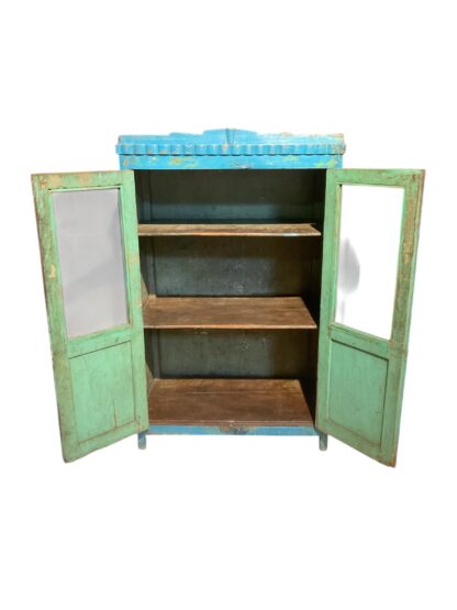 Blaues Vintage Kästchen mit 2 Glastüren – Bild 3